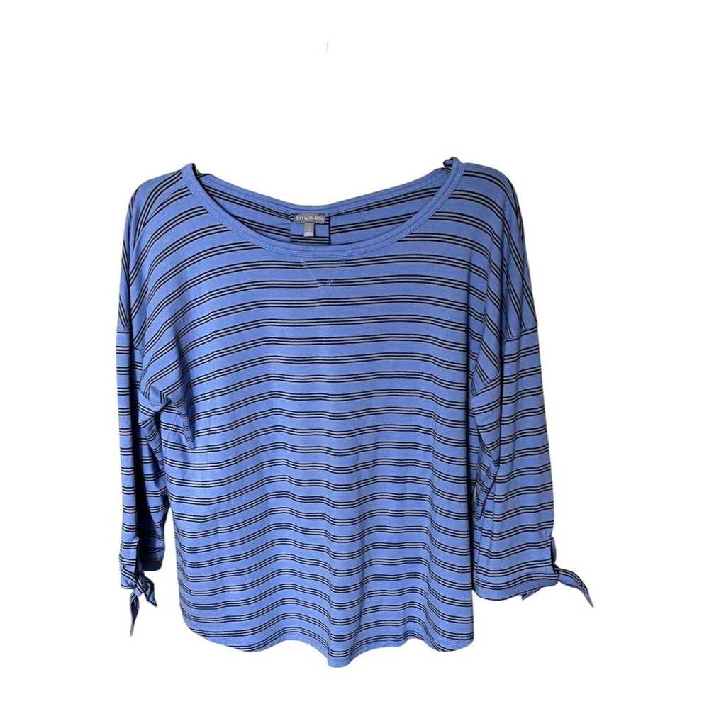 T by Talbots Cotton-Blend Blue/Black Stripe 3/4 Tie Sleeve  Pullover Top Size XL